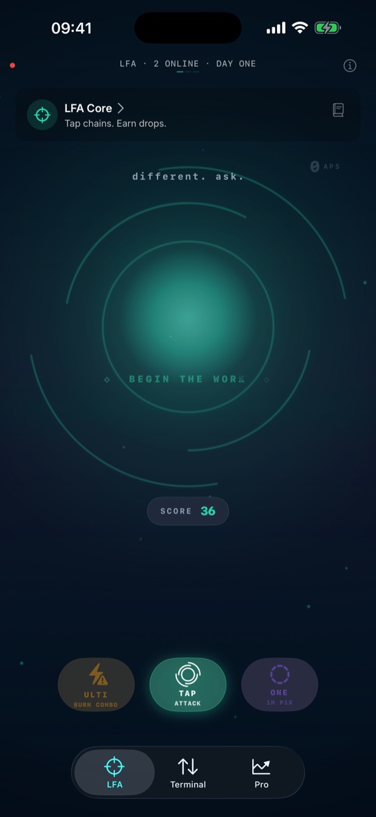 LFA Core, the tap-chain dōjō: the Begin-the-work ring, the score line and the ULTI / TAP / ONE keys