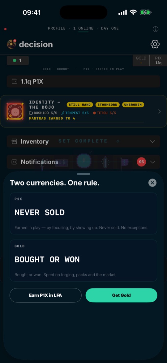 The rule sheet Two currencies, one rule: P1X is never sold, Gold is bought or won